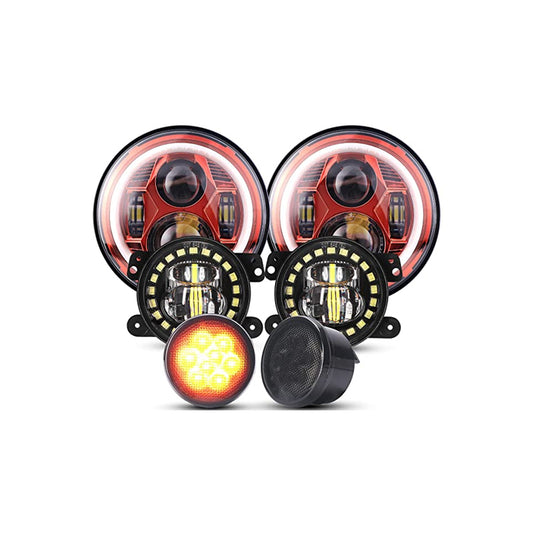 7-Inch Spider Headlights – Red With Aperture – 4-Inch Clock Fog Lights – Black Mesh Lights – Set of Six