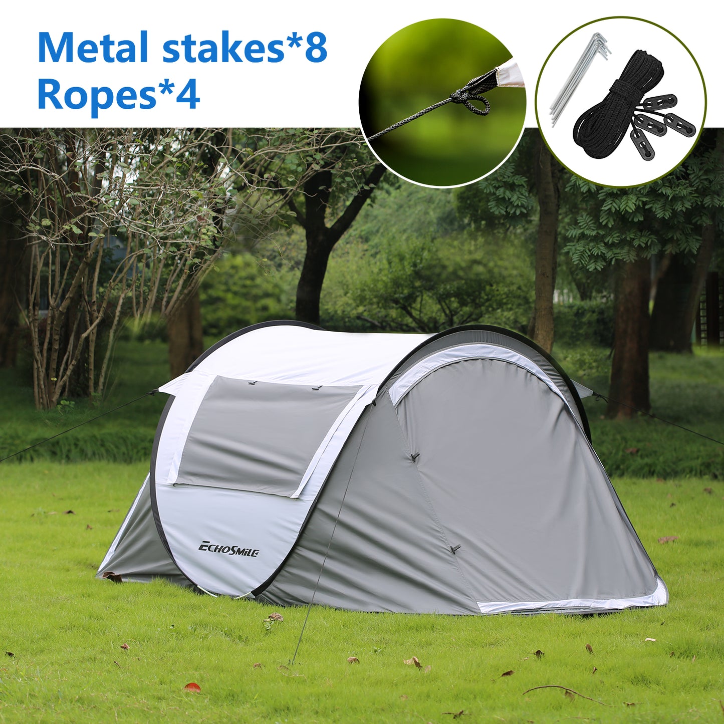 2 Person White + Gray Pop Up Camping Tent