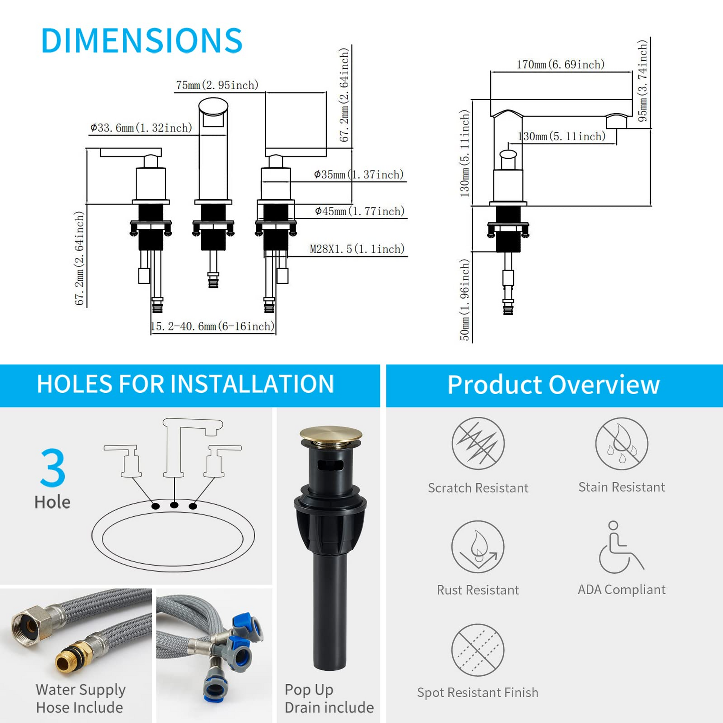 PK016-LJ-US |  Brushed Gold 3-Hole Low-Arch 8 Inch Widespread Bathroom Faucet, Vanity Sink Faucet with Metal Pop Up Drain Assembly and Water Supply Lines for Lavatory