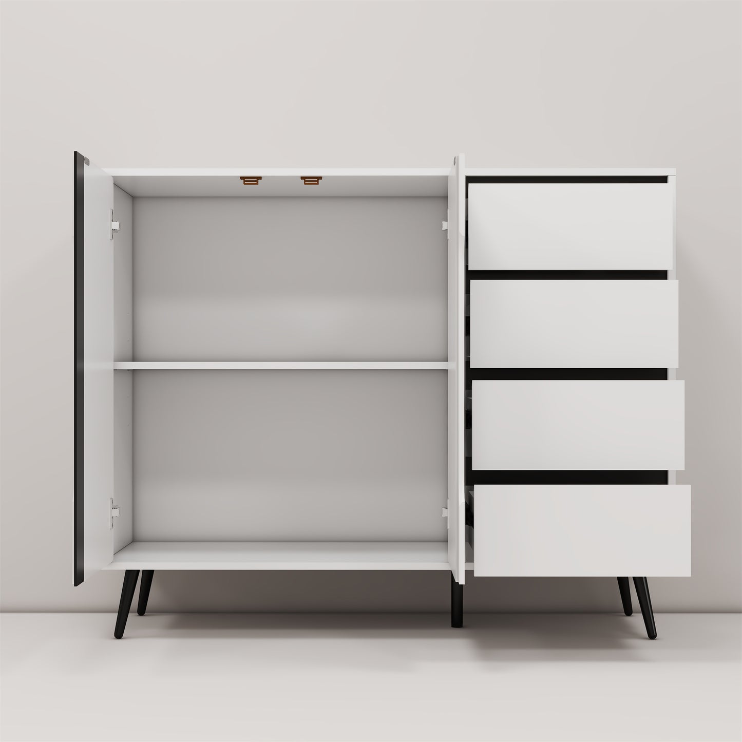 White modern side cabinet with four drawers and two doors