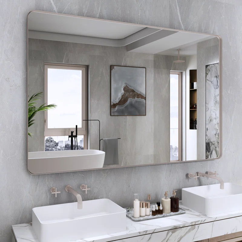 55" x 36"(Silver) Filleted Corner Wall Mounted Mirror, Bathroom Mirror, Vanity Wall Mirror With Metal Frame