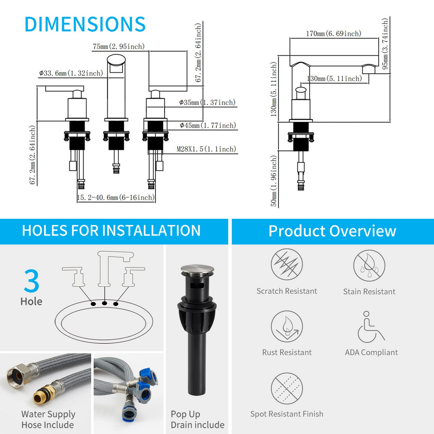 PK016-LS-US |  Brushed Nickel Widespread Bathroom Faucet, Waterfall Bathroom Faucets for Sink 3 Hole, 2-Handles Modern Vanity Faucet with Pop Up Drain Assembly and Lead-Free Supply Hose,8-Inch