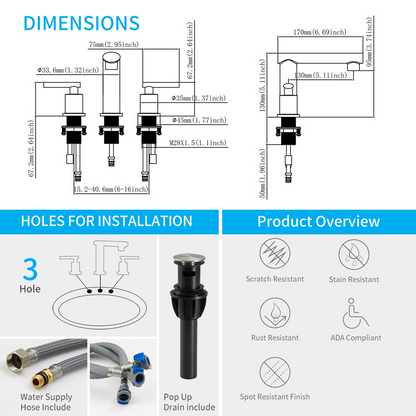 PK016-LS-US |  Brushed Nickel Widespread Bathroom Faucet, Waterfall Bathroom Faucets for Sink 3 Hole, 2-Handles Modern Vanity Faucet with Pop Up Drain Assembly and Lead-Free Supply Hose,8-Inch