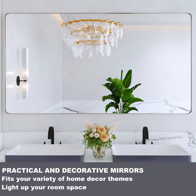 55" X 30"(Silver)Filleted Corner Wall Mounted Mirror, Bathroom Mirror, Vanity Wall Mirror With Metal Frame