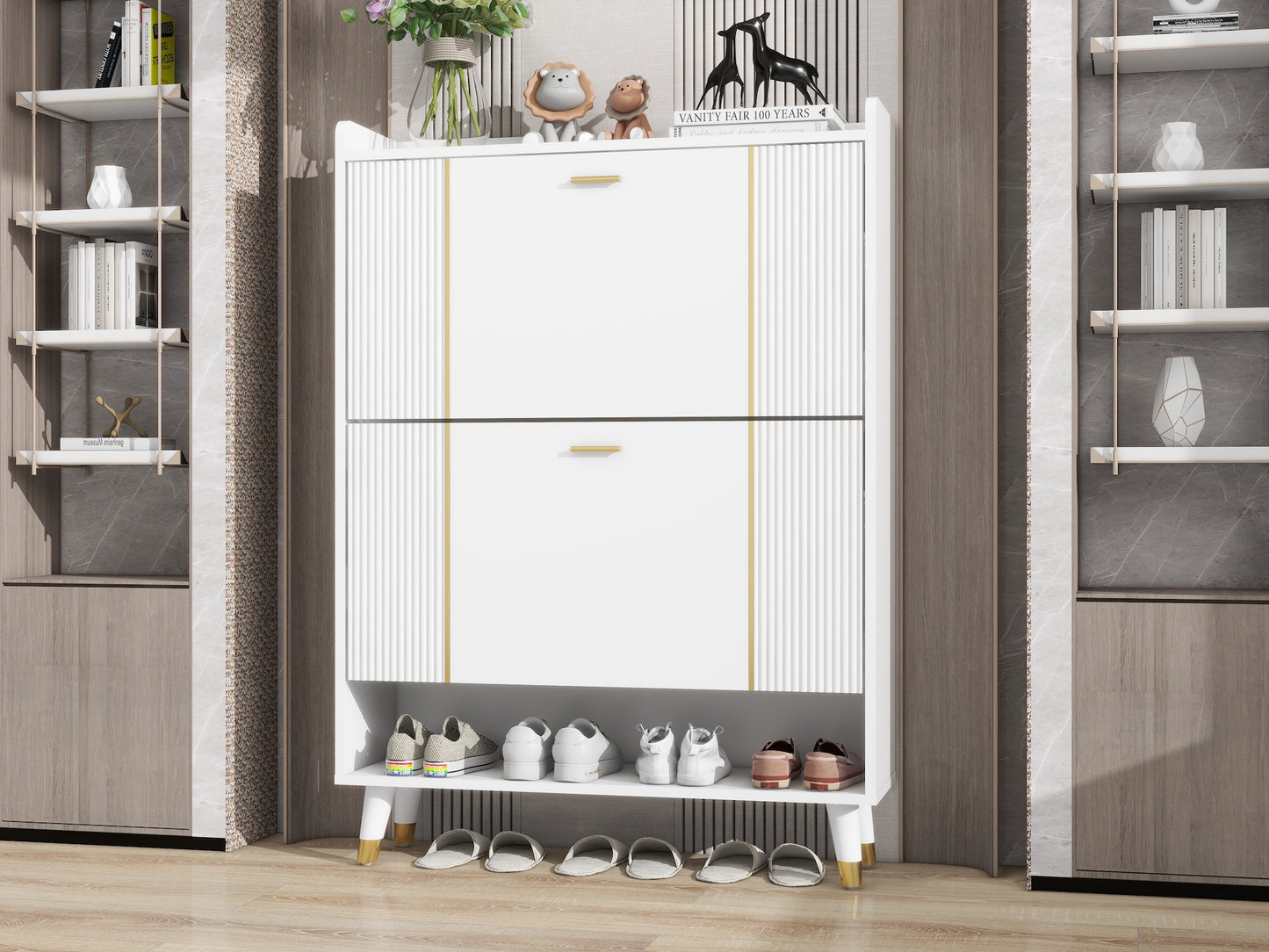 White Two Flip Blister Card Gold Bar Shoe Cabinet