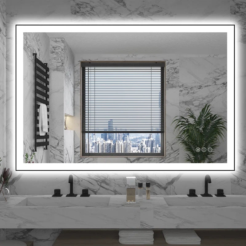 48" X 32"  Detjon Black Framed Anti-Fog LED Lighted Dimmable Wall Mounted Bathroom Vanity Mirror