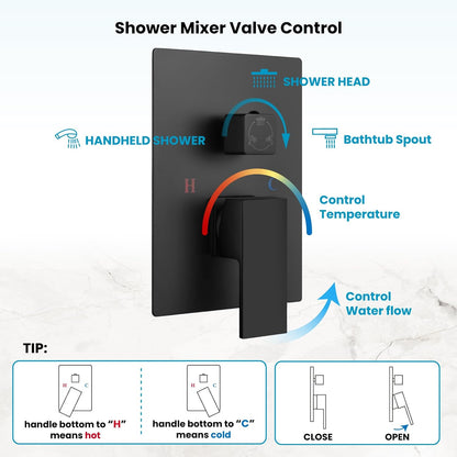 L-8004BG - Rain Shower System Matte Black Tub Shower Faucet Set 10 Inch Square Rainfall Shower Head with Handheld Sprayer and Waterfall Tub Spout Pressure Balance Rough-in Valve Shower Mixer Combo