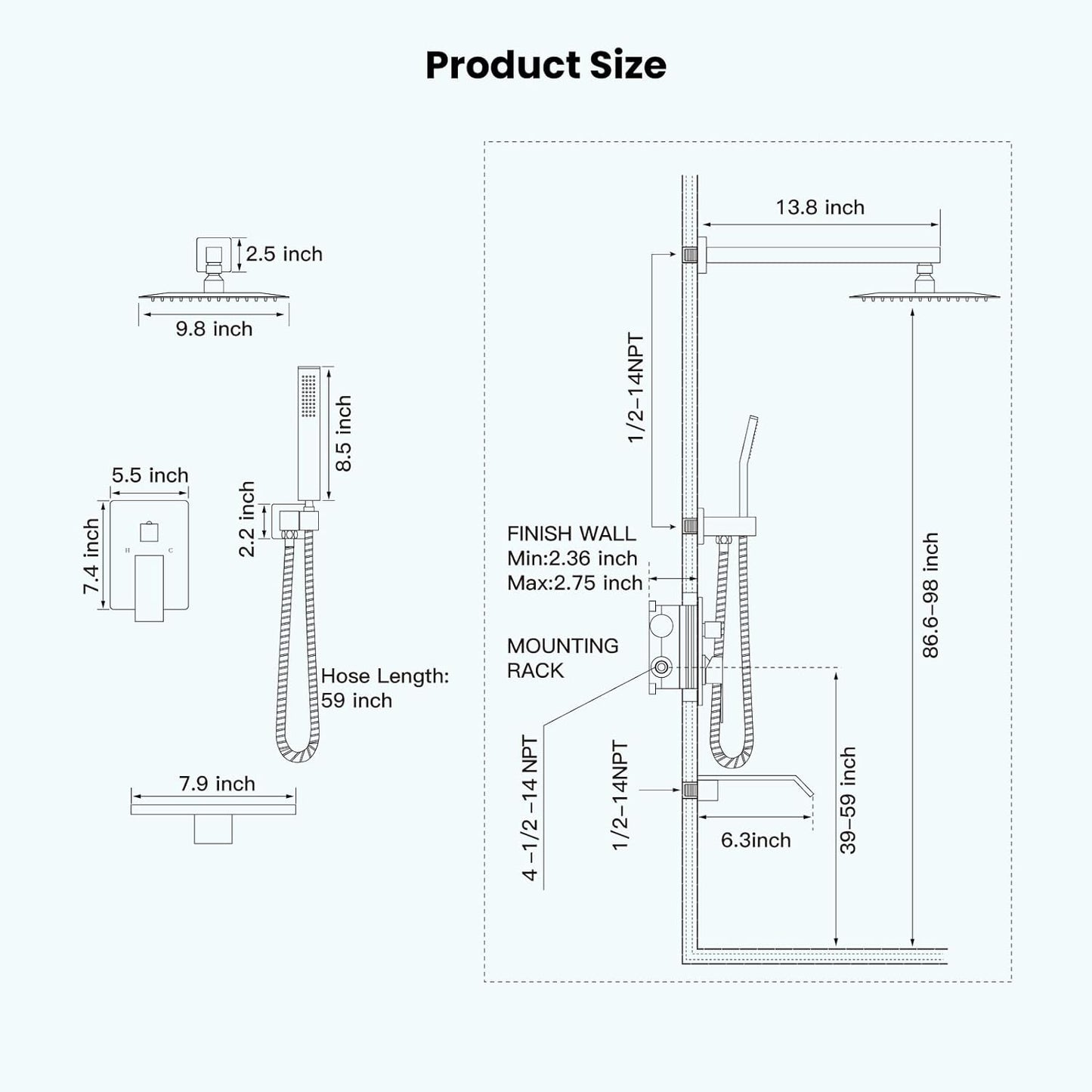 L-8004BG - Rain Shower System Matte Black Tub Shower Faucet Set 10 Inch Square Rainfall Shower Head with Handheld Sprayer and Waterfall Tub Spout Pressure Balance Rough-in Valve Shower Mixer Combo