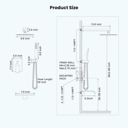 L-8004BG - Rain Shower System Matte Black Tub Shower Faucet Set 10 Inch Square Rainfall Shower Head with Handheld Sprayer and Waterfall Tub Spout Pressure Balance Rough-in Valve Shower Mixer Combo