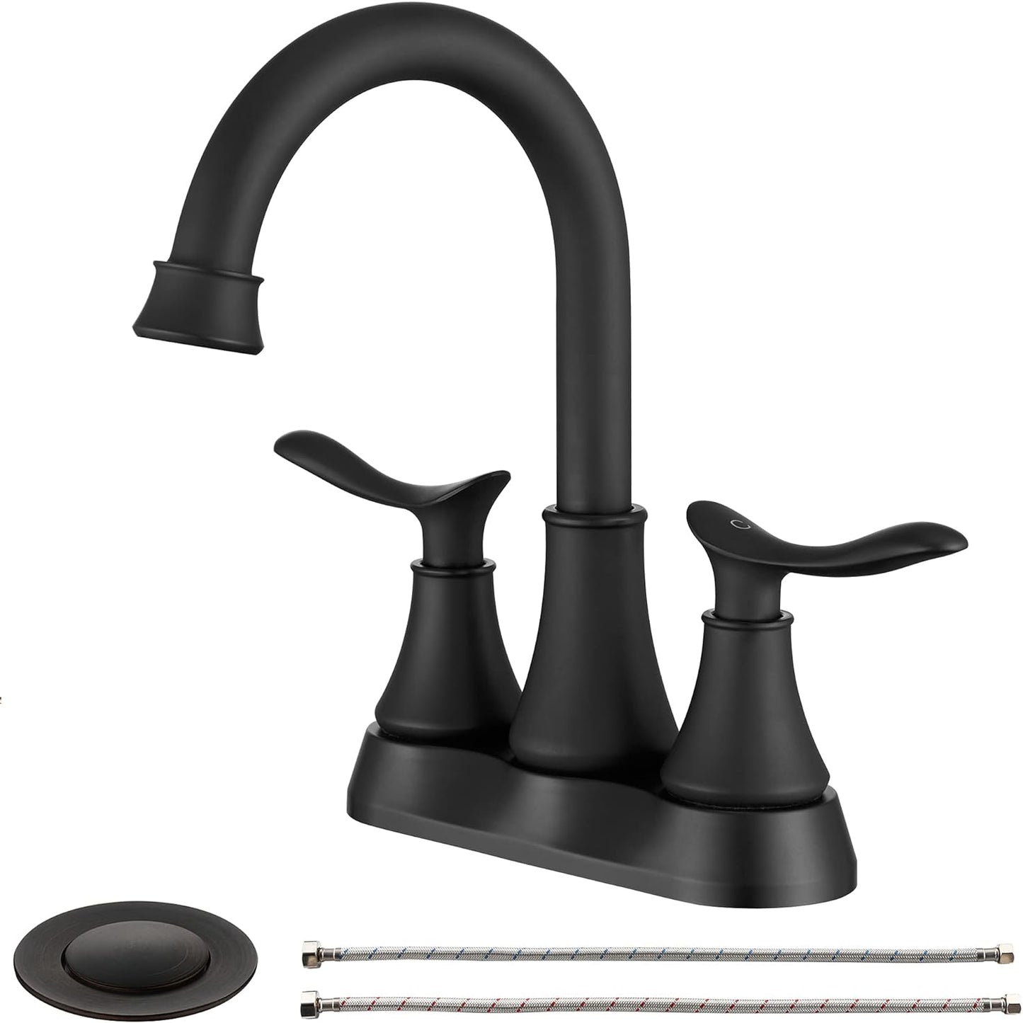 4009B-MB  |  Bathroom Faucet Matt Black with Pop-up Drain & Supply Hoses 2-Handle 360 Degree High Arc Swivel Spout Centerset 6 Inch Vanity Sink Faucet