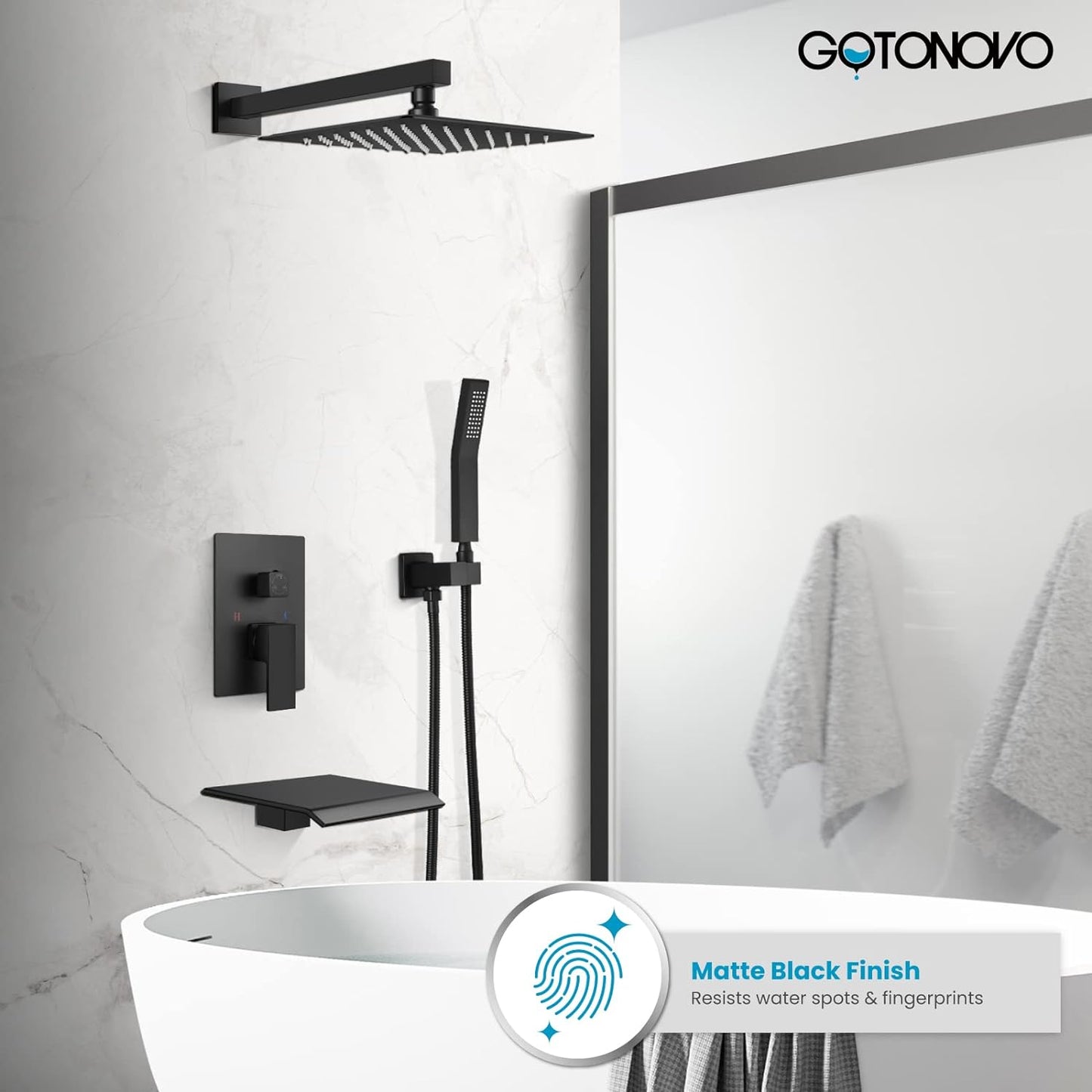 L-8004BG - Rain Shower System Matte Black Tub Shower Faucet Set 10 Inch Square Rainfall Shower Head with Handheld Sprayer and Waterfall Tub Spout Pressure Balance Rough-in Valve Shower Mixer Combo