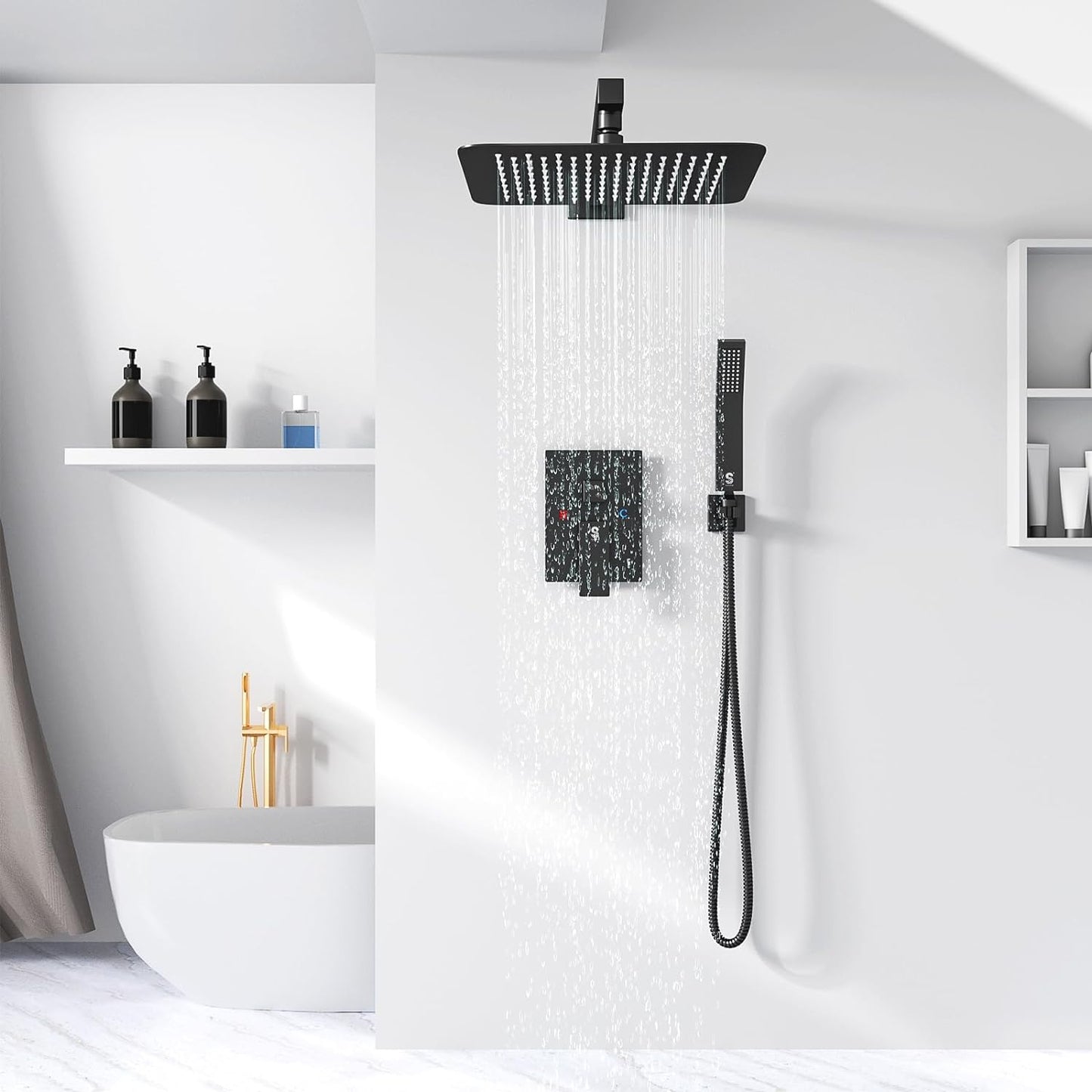 L-8003B-Shower System Shower Faucet Combo Set Wall Mounted with 12" Rainfall Shower Head and handheld shower faucet, Matt Black Finish with Brass Valve Rough-In