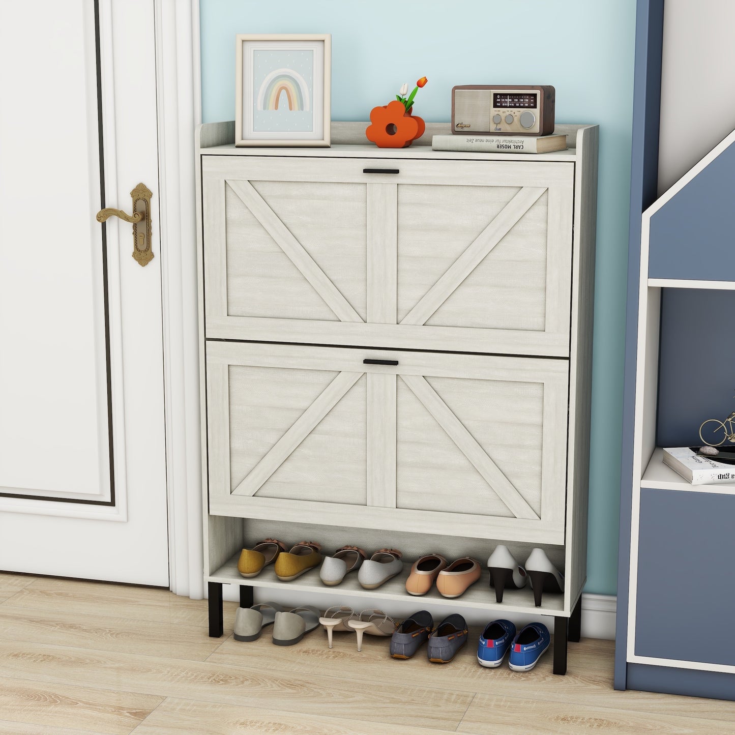 Light Gray 2-Flip Patchwork Shoe Cabinet