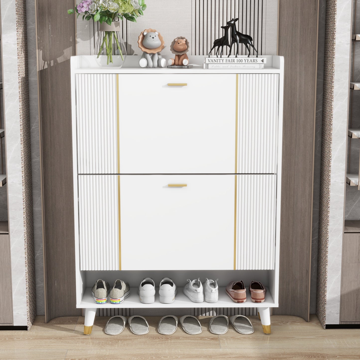 White Two Flip Blister Card Gold Bar Shoe Cabinet