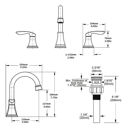 3007B-NP  |  2-Handle 8 inch Widespread Bathroom Sink Faucet Brushed Nickel Lavatory Faucet 3 Hole 360° Swivel Spout Vanity Sink Basin Faucets with Pop Up Drain Assembly and cUPC Water Supply Hoses