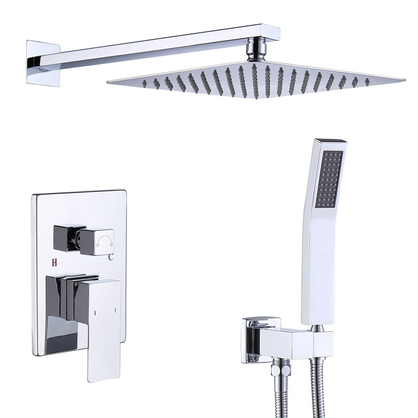 L-8003S - Shower System Shower Faucet Combo Set Wall Mounted with 12" Rainfall Shower Head and handheld shower faucet, Chrome Finish with Brass Valve Rough-In