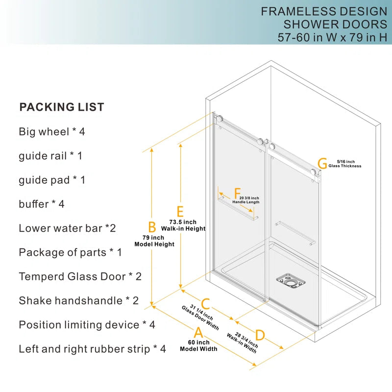 60" W x 79" H  Frameless Shower Door with Advanced Closing System