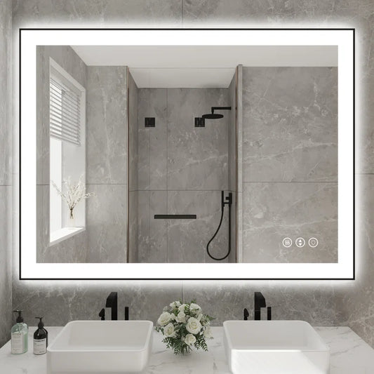 48" X 36" Detjon Black Framed Anti-Fog LED Lighted Dimmable Wall Mounted Bathroom Vanity Mirror