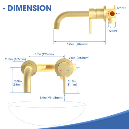 W1083P154747-Wall Mount Faucet for Bathroom Sink or Bathtub, Single Handle 3 Holes Brass Rough-in Valve Included, Brushed Gold