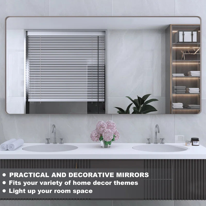 72" x 36" (Silver) Filleted Corner Wall Mounted Mirror, Bathroom Mirror, Vanity Wall Mirror With Metal Frame