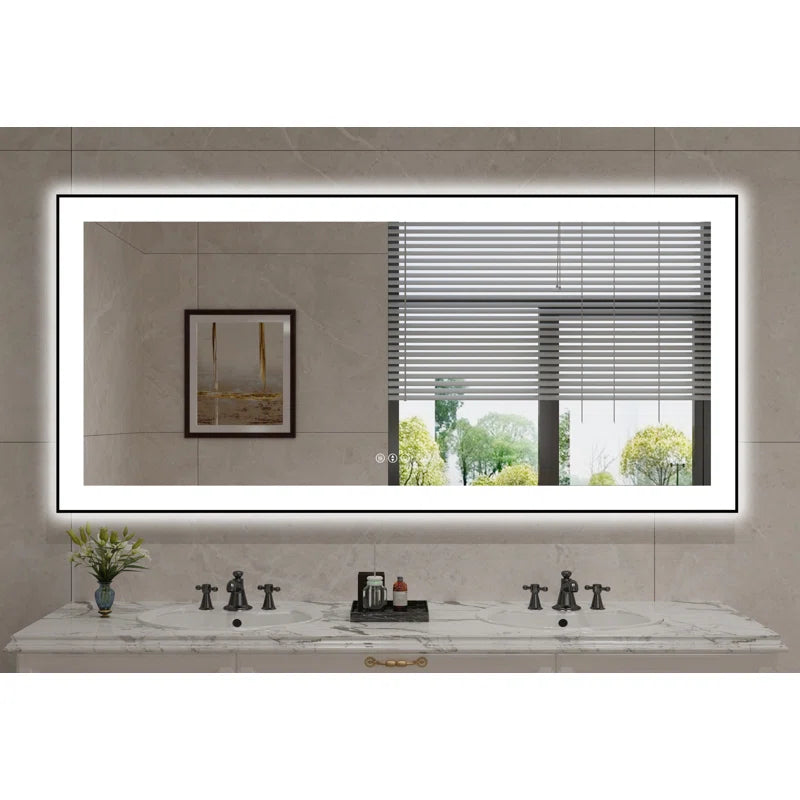 60" X 28" Detjon Black Framed Anti-Fog LED Lighted Dimmable Wall Mounted Bathroom Vanity Mirror