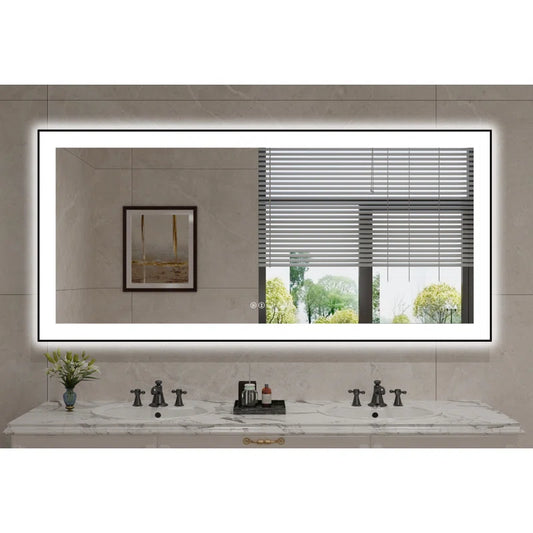 60" X 28" Detjon Black Framed Anti-Fog LED Lighted Dimmable Wall Mounted Bathroom Vanity Mirror