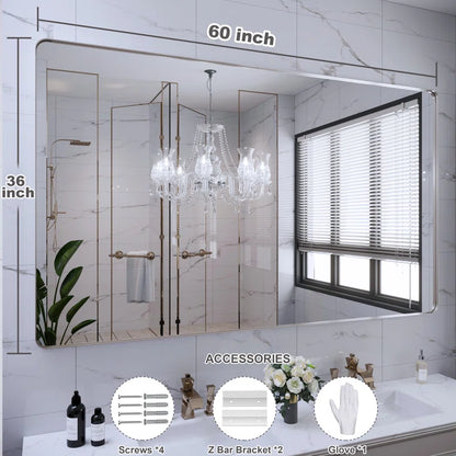 60" x 36"(Silver) Filleted Corner Wall Mounted Mirror, Bathroom Mirror, Vanity Wall Mirror With Metal Frame