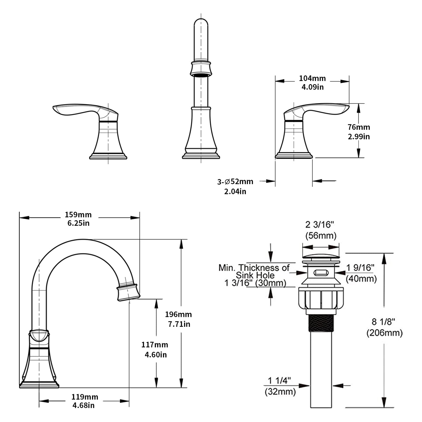 3007B-MB  |  2-Handle 8 inch Widespread Bathroom Sink Faucet Matt Black Lavatory Faucet 3 Hole 360° Swivel Spout Vanity Sink Basin Faucets 3008B-MB