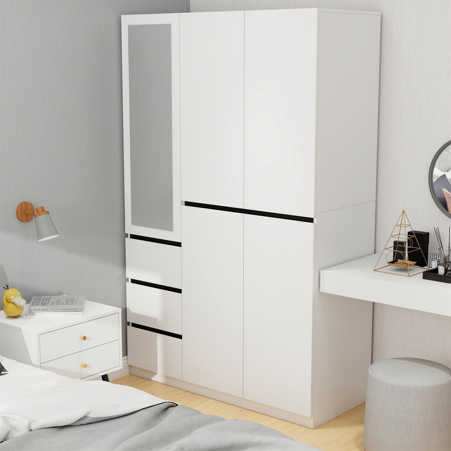 Three Drawer, Five Door Modern Wardrobe with Silver Mirror and No Pull Handle (2 packs of 2 cannot be sold separately)