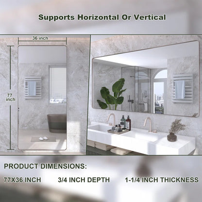 77" x 36"(Silver)Filleted Corner Wall Mounted Mirror, Bathroom Mirror, Vanity Wall Mirror With Metal Frame