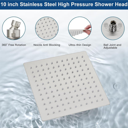 L-8004BN -  Rain Shower System Brushed Nickel Tub Shower Faucet Set 10 Inch Square Rainfall Shower Head with Handheld Sprayer and Waterfall Tub Spout Pressure Balance Rough-in Valve Shower Mixer Combo