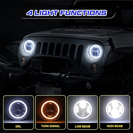 7-Inch Spider Headlights Blue With Halo – 4-Inch Smile Fog Lights Black – With Halo – 4PCS in Set