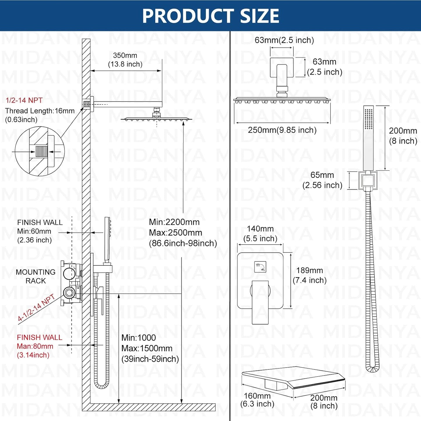 L-8004BN -  Rain Shower System Brushed Nickel Tub Shower Faucet Set 10 Inch Square Rainfall Shower Head with Handheld Sprayer and Waterfall Tub Spout Pressure Balance Rough-in Valve Shower Mixer Combo