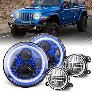 7-Inch Spider Headlights Blue With Halo – 4-Inch Smile Fog Lights Black – With Halo – 4PCS in Set