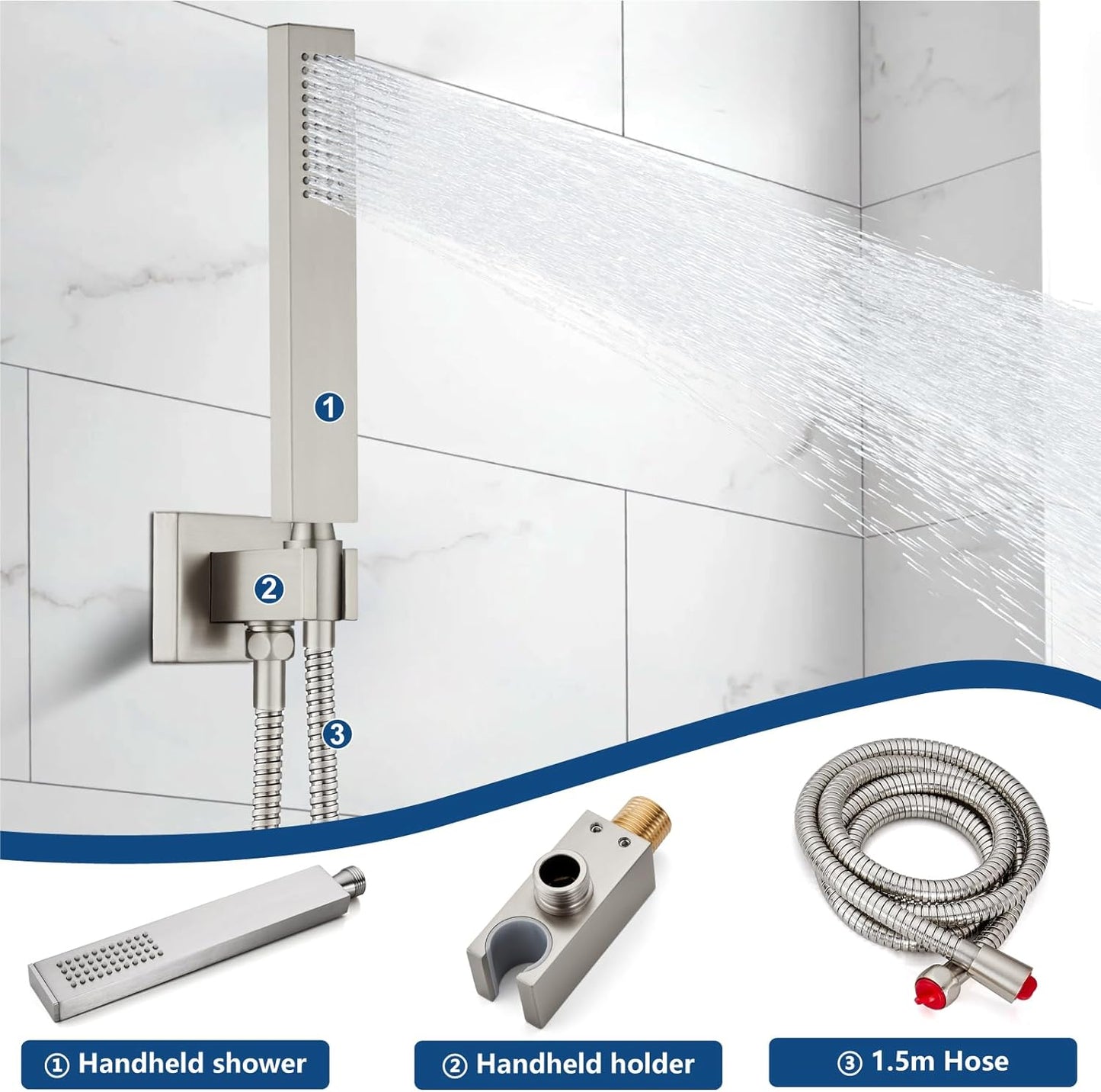 L-8004BN -  Rain Shower System Brushed Nickel Tub Shower Faucet Set 10 Inch Square Rainfall Shower Head with Handheld Sprayer and Waterfall Tub Spout Pressure Balance Rough-in Valve Shower Mixer Combo