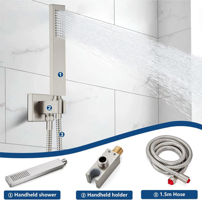 L-8004BN -  Rain Shower System Brushed Nickel Tub Shower Faucet Set 10 Inch Square Rainfall Shower Head with Handheld Sprayer and Waterfall Tub Spout Pressure Balance Rough-in Valve Shower Mixer Combo