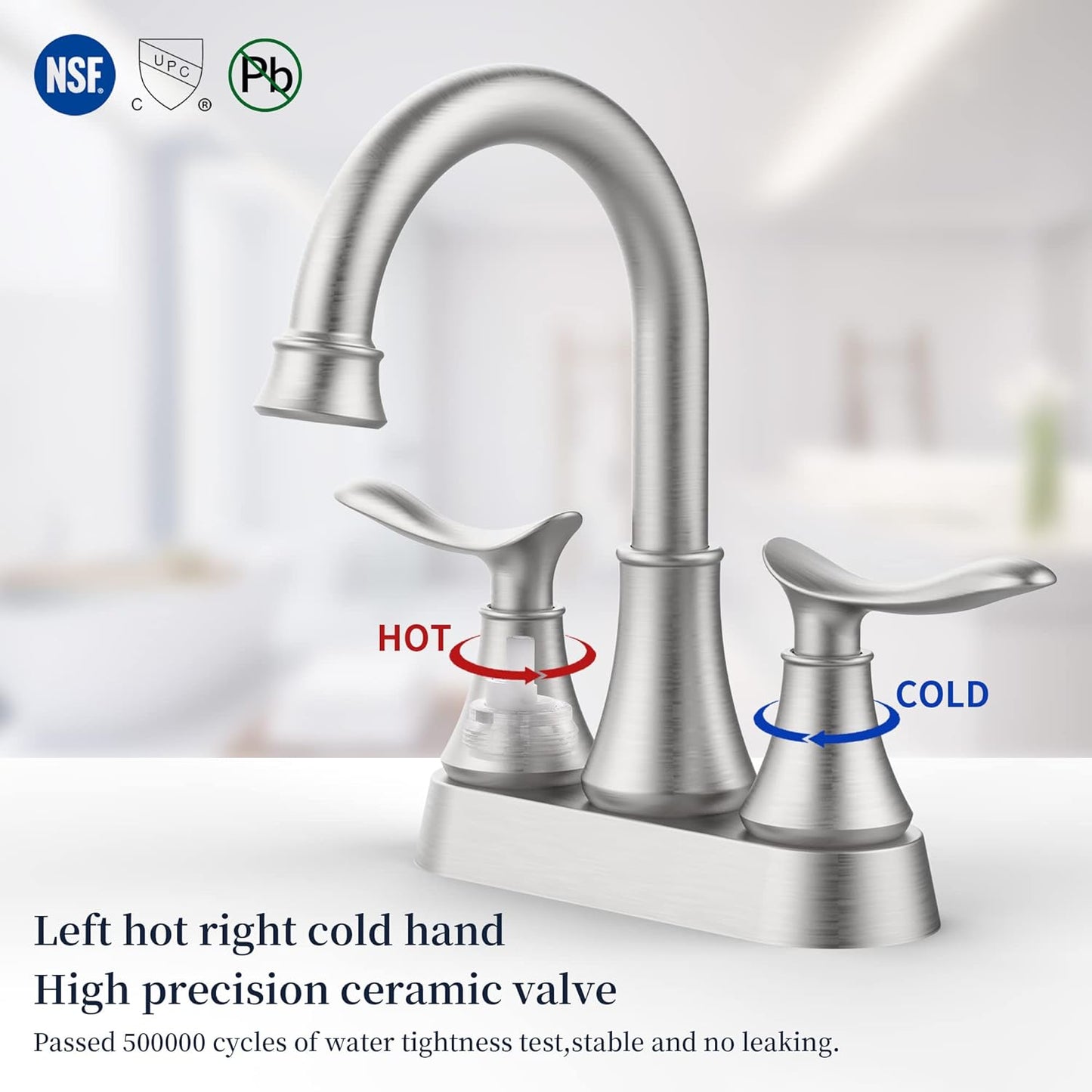 4009B-NP  |  2-Handle 4-Inch Brushed Nickel Bathroom Faucet, Bathroom Vanity Sink Faucets with Pop-up Drain and Supply Hoses