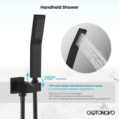 L-8004BG - Rain Shower System Matte Black Tub Shower Faucet Set 10 Inch Square Rainfall Shower Head with Handheld Sprayer and Waterfall Tub Spout Pressure Balance Rough-in Valve Shower Mixer Combo