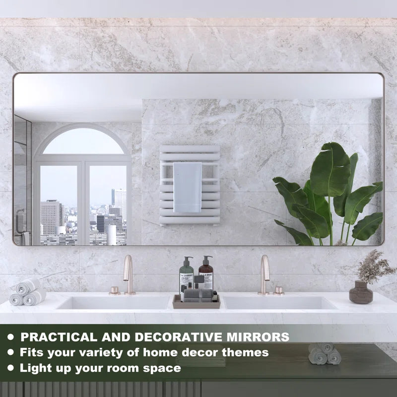 77" x 36"(Silver)Filleted Corner Wall Mounted Mirror, Bathroom Mirror, Vanity Wall Mirror With Metal Frame