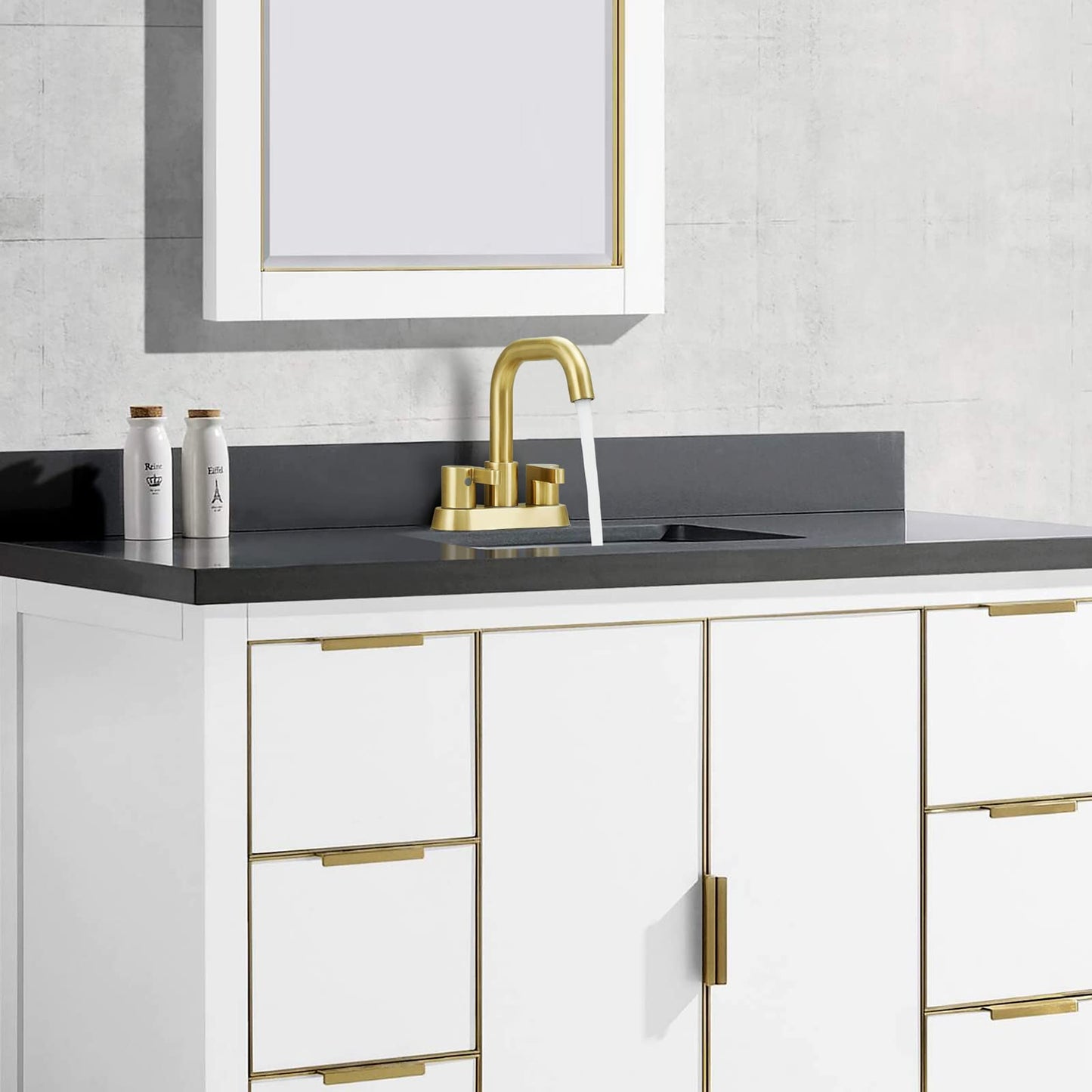 PK012-LJ-US | Brushed Gold Bathroom Faucet 4 Inch Centerset Bathroom Faucet, Gold Bathroom Vanity Lavatory Faucets for Sink 3 Hole 2 Handle, Swivel Spout with Brass Drain Assembly