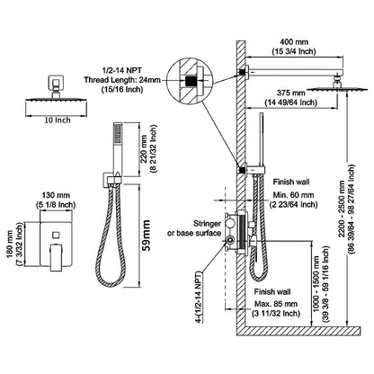 L-8002BG-Shower System Shower Faucet Combo Set Wall Mounted with 10" Rainfall Shower Head and handheld shower faucet, Brushed Gold Finish with Brass Valve Rough-In