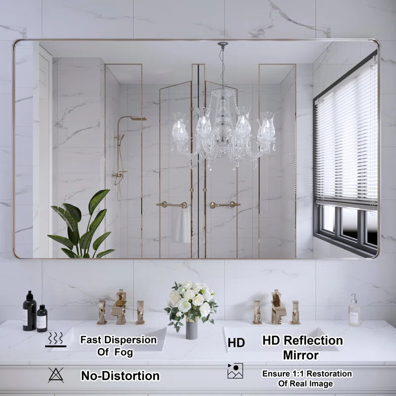 60" x 36"(Silver) Filleted Corner Wall Mounted Mirror, Bathroom Mirror, Vanity Wall Mirror With Metal Frame