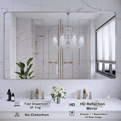 60" x 36"(Silver) Filleted Corner Wall Mounted Mirror, Bathroom Mirror, Vanity Wall Mirror With Metal Frame