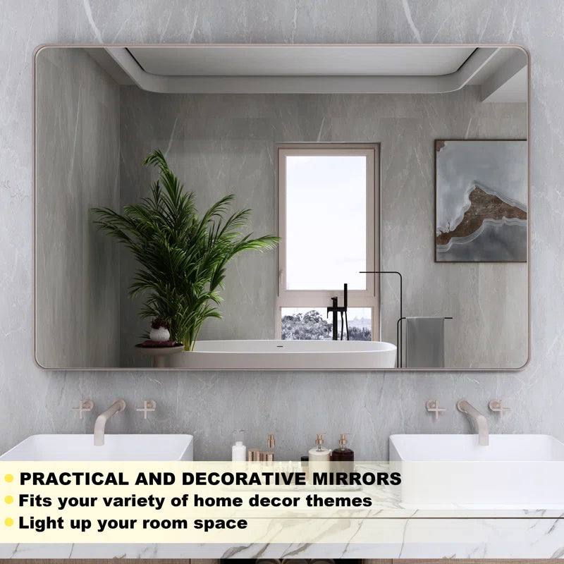 55" x 36"(Silver) Filleted Corner Wall Mounted Mirror, Bathroom Mirror, Vanity Wall Mirror With Metal Frame