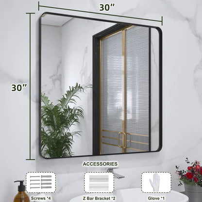 30" x 30"Filleted Corner Wall Mounted Mirror, Bathroom Mirror, Vanity Wall Mirror With Metal Frame