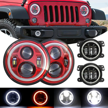 7-Inch Spider Headlights Red With Halo – 4-Inch Fog Lights Black – With Halo – 4PCS in Set