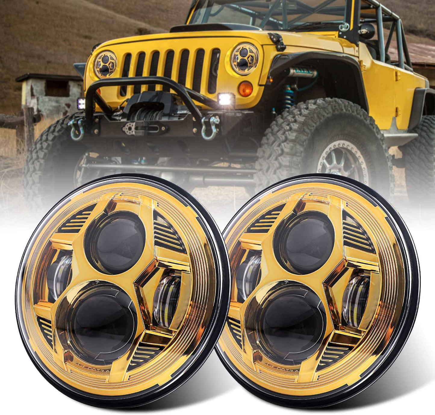 7 Inch Spider Headlight Without Aperture-yellow-pair Of Black Box