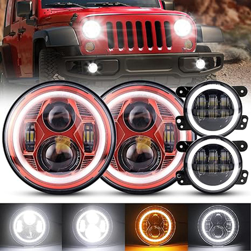 7-inch Spider Headlights - Red With  Halo  - 4-inch Fog Lights Black - With  Halo  -  4pcs In Set