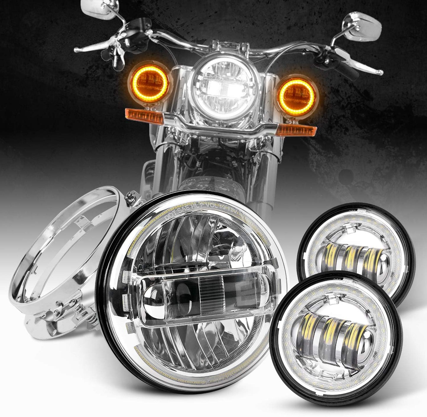 7 Inch King Kong Headlight Silver-4.5 Inch Fog Lamp Silver-With Halo and Devil Eyes-With 7-Inch Silver Bracket-3PCS in a Set