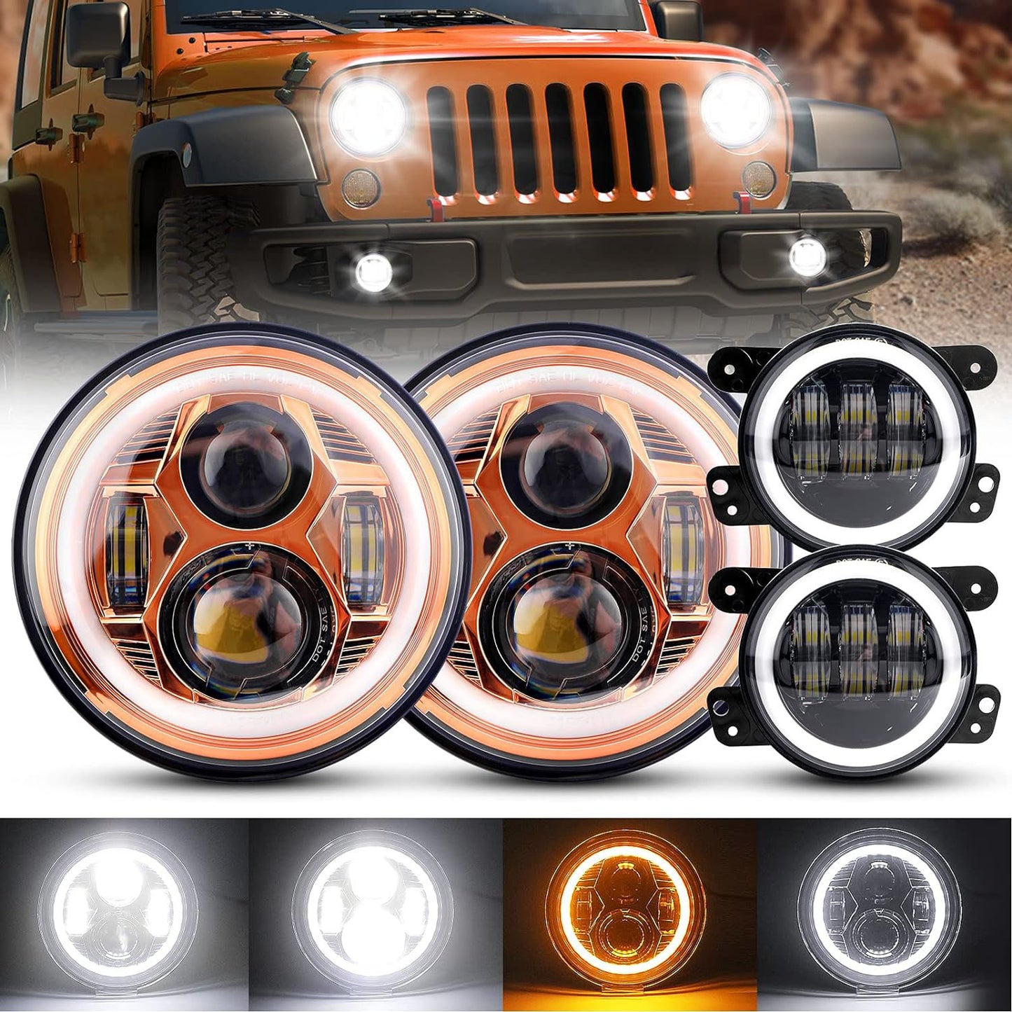 7-inch Spider Headlights Orange  With  Halo  - 4-inch Fog Lights Black - With  Halo  -  4pcs In Set